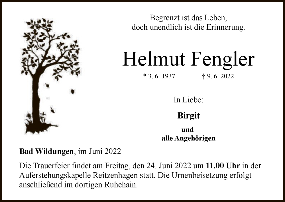  Traueranzeige für Helmut Fengler vom 22.06.2022 aus WLZ