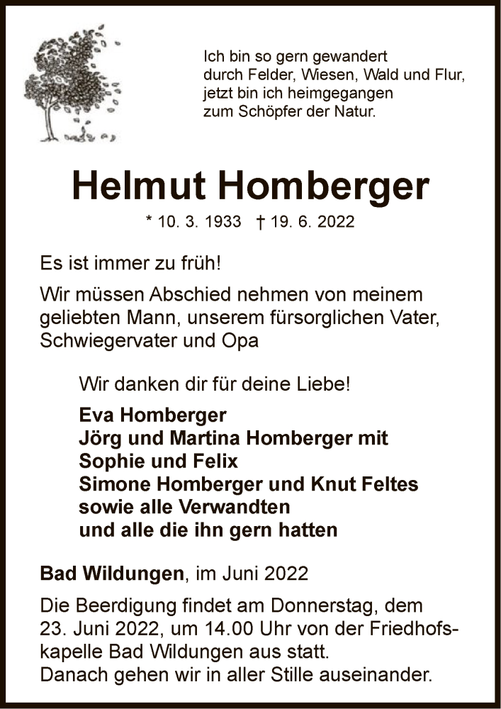  Traueranzeige für Helmut Homberger vom 21.06.2022 aus WLZ