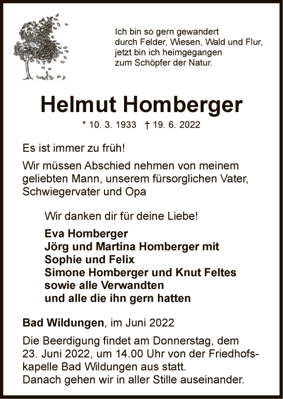 Traueranzeige von Helmut Homberger von WLZ