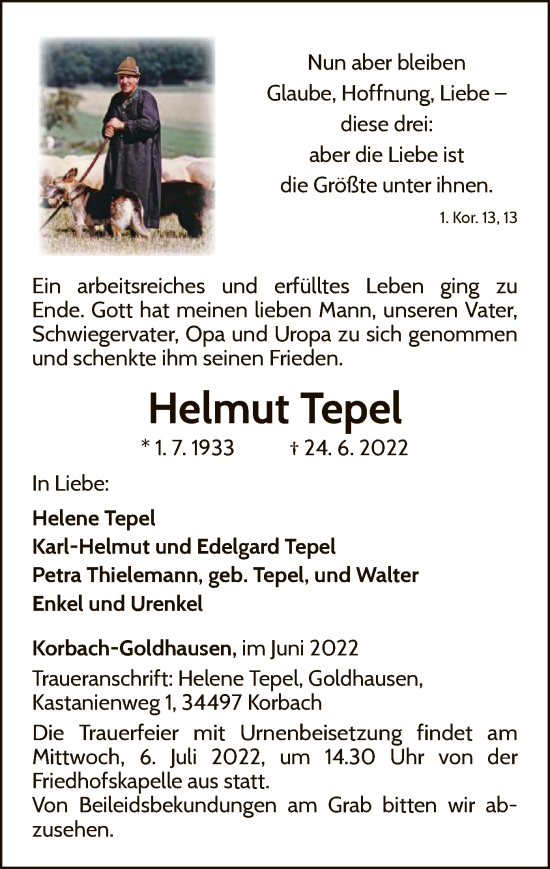 Traueranzeige von Helmut Tepel von WLZ