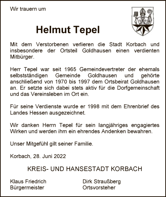 Traueranzeige von Helmut Tepel von WLZ