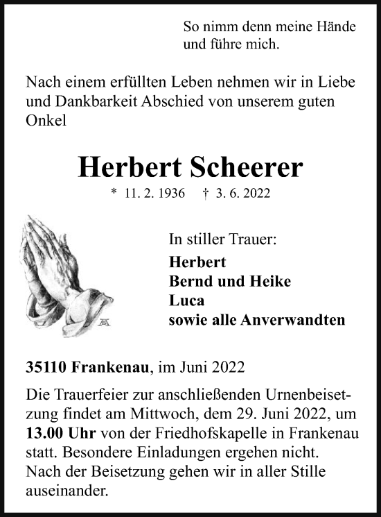 Traueranzeige von Herbert Scheerer von HNA