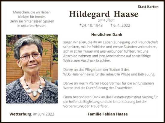 Traueranzeige von Hildegard Haase von WLZ