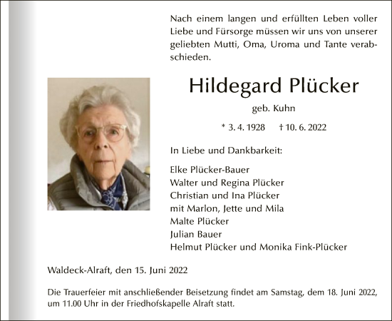 Traueranzeige von Hildegard Plücker von WLZ