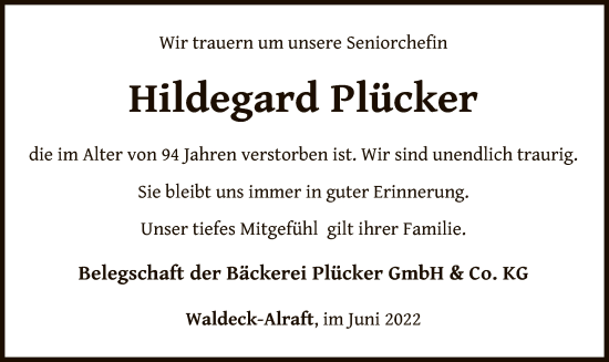 Traueranzeige von Hildegard Plücker von WLZ