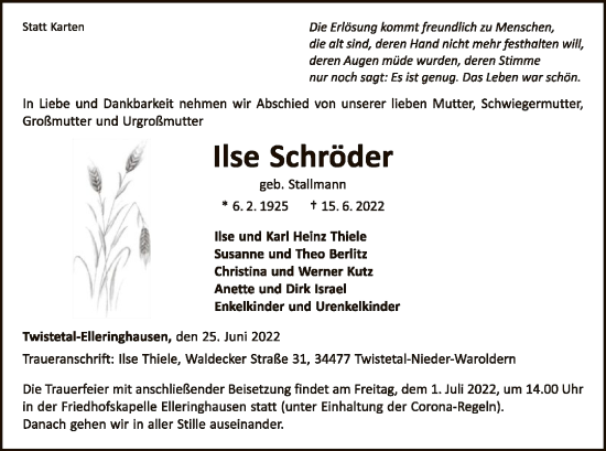 Traueranzeige von Ilse Schröder von WLZ