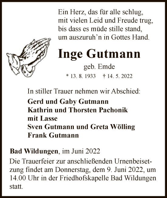 Traueranzeige von Inge Gutmann von WLZ