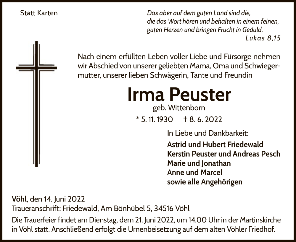  Traueranzeige für Irma Peuster vom 14.06.2022 aus WLZ