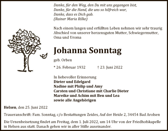 Traueranzeige von Johanna Sonntag von WLZ