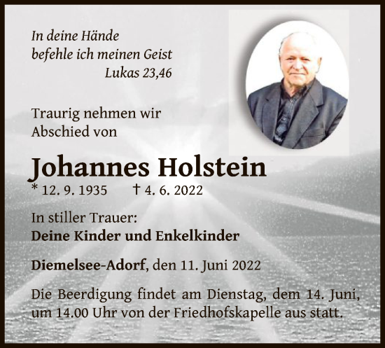 Traueranzeige von Johannes Holstein von WLZ