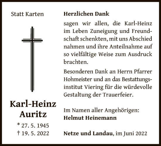 Traueranzeige von Karl-Heinz Auritz von WLZ