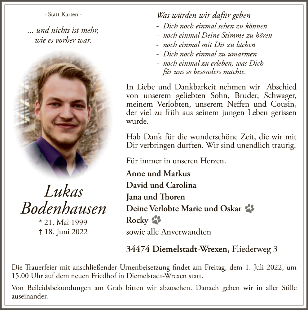  Traueranzeige für Lukas Bodenhausen vom 25.06.2022 aus WLZ