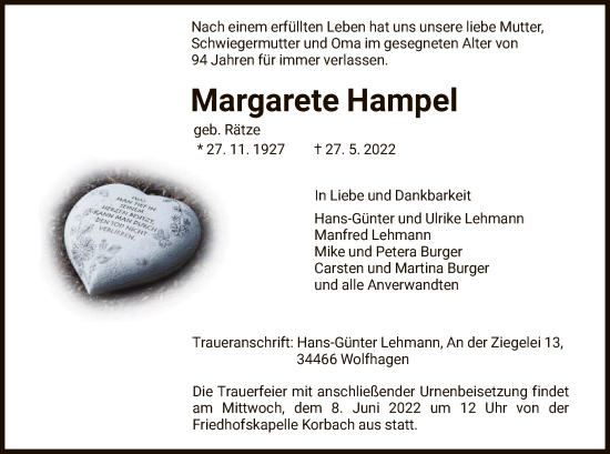 Traueranzeige von Margarete Hampe von HNA