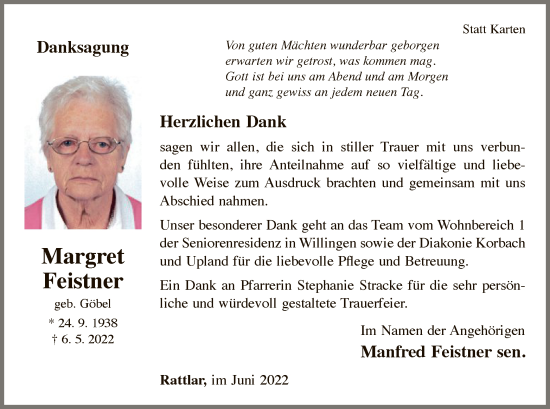 Traueranzeige von Margret Feistner von WLZ