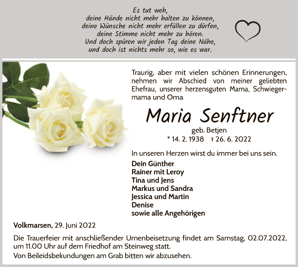  Traueranzeige für Maria Senftner vom 29.06.2022 aus WLZ
