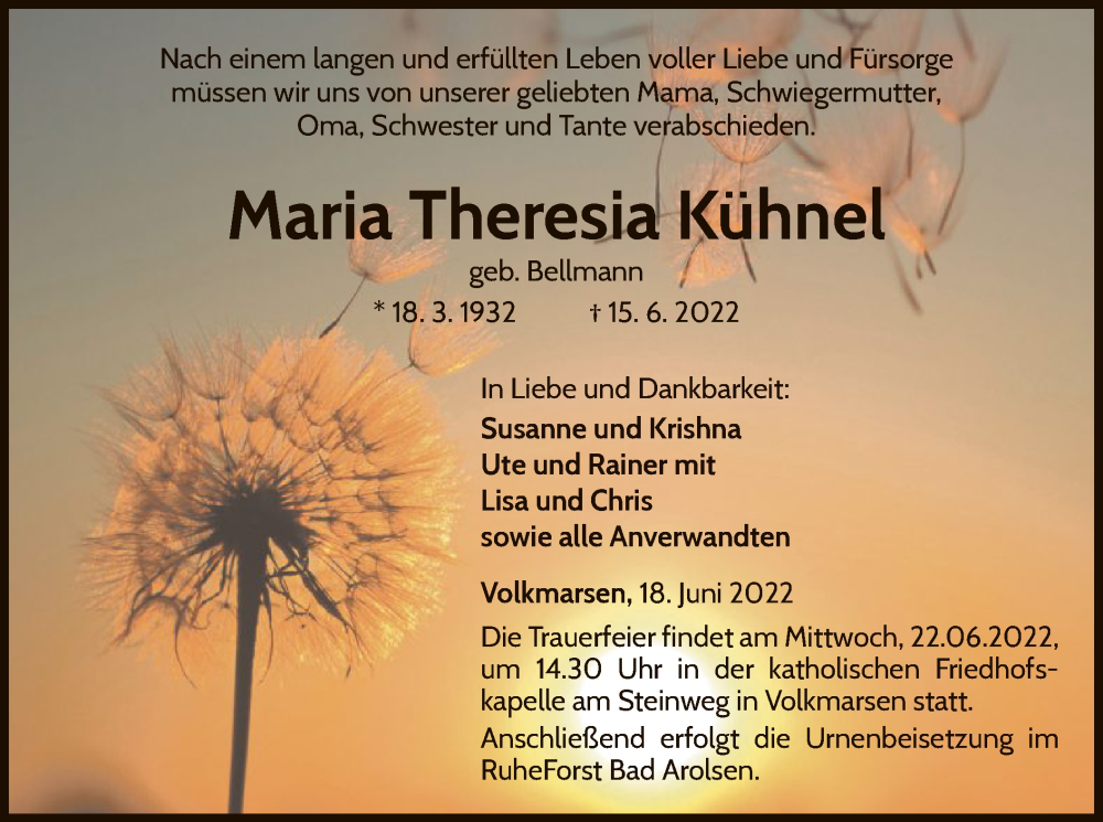  Traueranzeige für Maria Theresia Kühnel vom 18.06.2022 aus WLZ