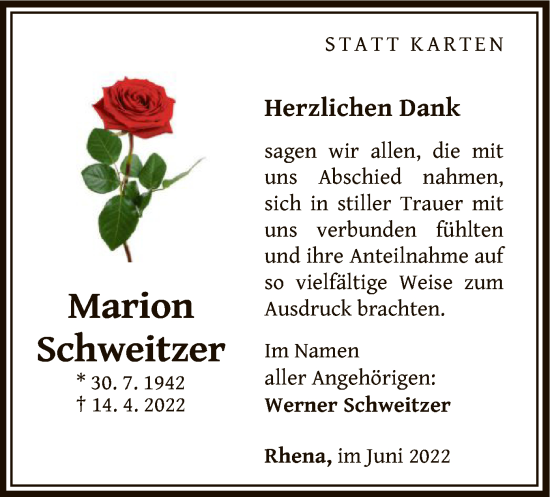 Traueranzeige von Marion Schweitzer von WLZ