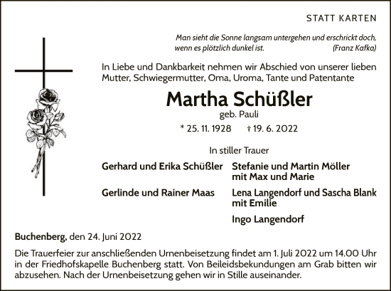 Traueranzeige von Martha Schüßler von WLZ