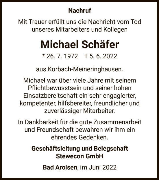 Traueranzeige von Michael Schäfer von WLZ