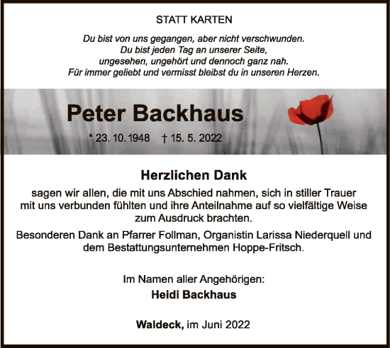 Traueranzeige von Peter Backhaus von WLZ