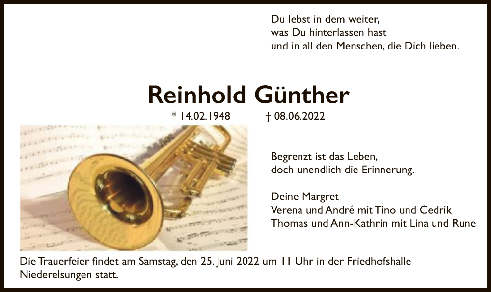  Traueranzeige für Reinhold Günther vom 18.06.2022 aus HNA