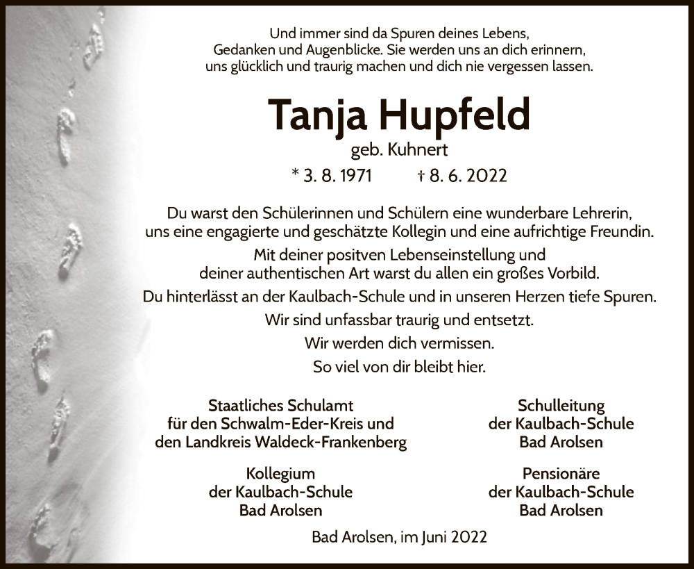  Traueranzeige für Tanja Hupfeld vom 22.06.2022 aus WLZ