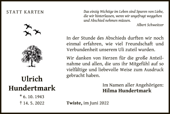 Traueranzeige von Ulrich Hundertmark von WLZ