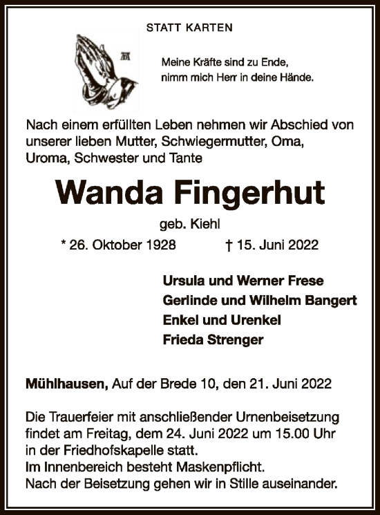 Traueranzeige von Wanda Fingerhut von WLZ