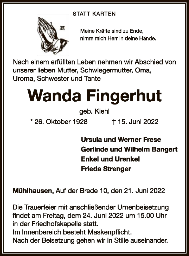  Traueranzeige für Wanda Fingerhut vom 21.06.2022 aus WLZ