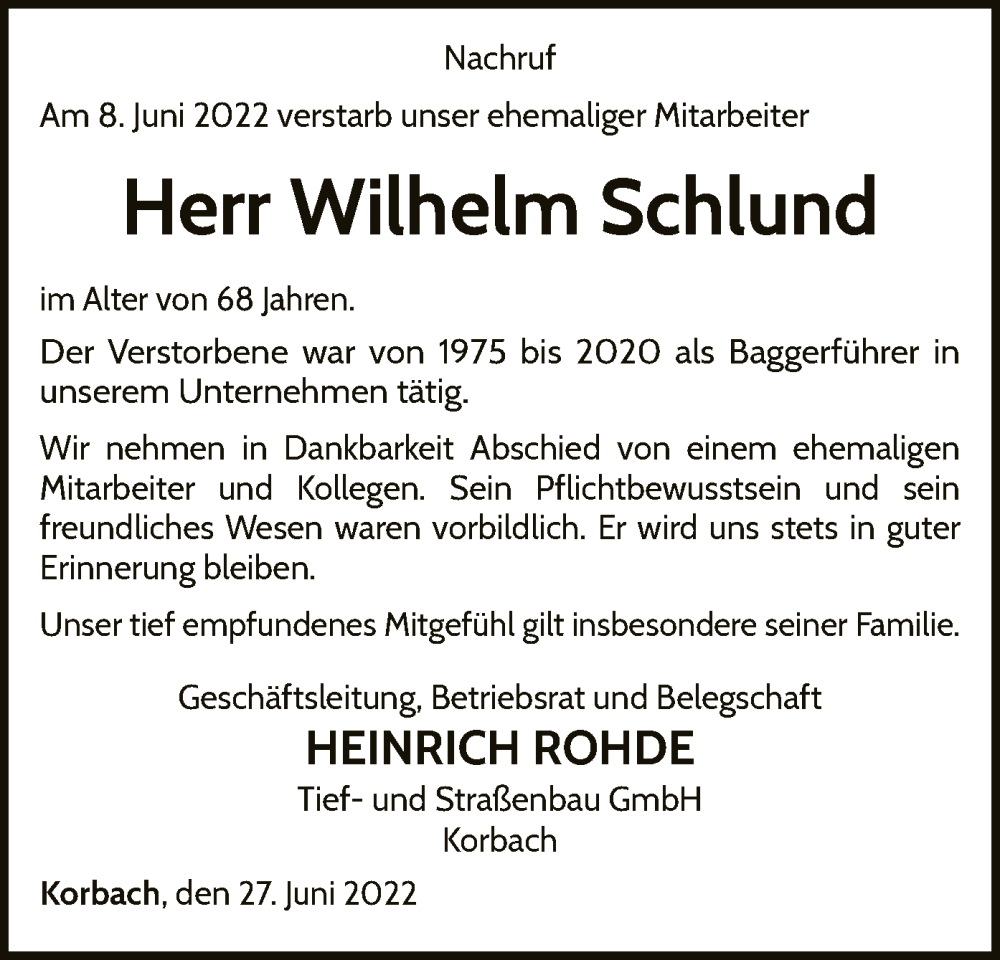  Traueranzeige für Wilhelm Schlund vom 27.06.2022 aus WLZ