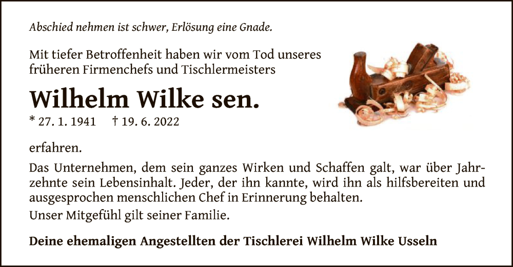  Traueranzeige für Wilhelm Wilke vom 25.06.2022 aus WLZ