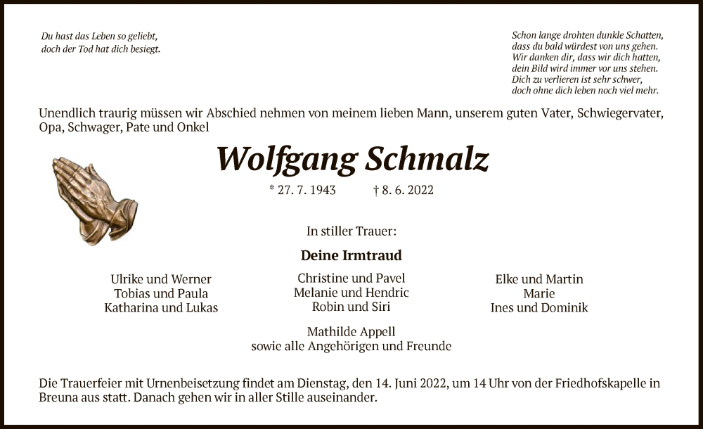  Traueranzeige für Wolfgang Schmalz vom 11.06.2022 aus HNA