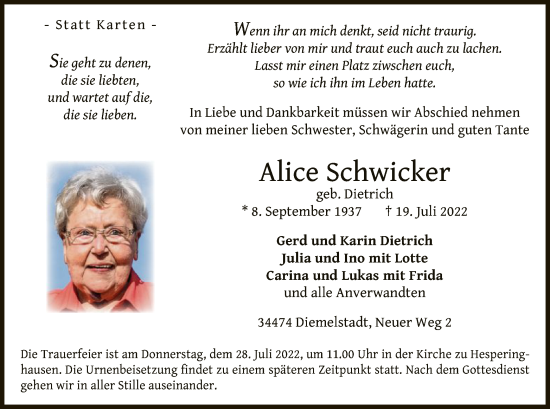 Traueranzeige von Alice Schwicker von WLZ