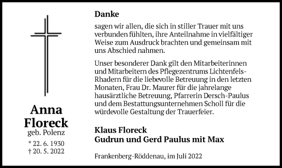 Traueranzeige von Anna Floreck von HNA