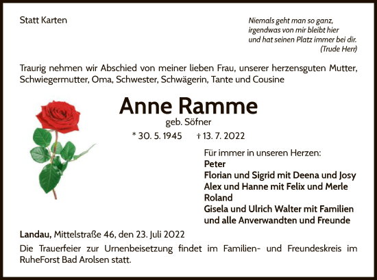 Traueranzeige von Anne Ramme von WLZ