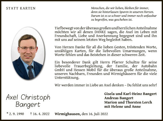 Traueranzeige von Axel Christoph Bangert von WLZ