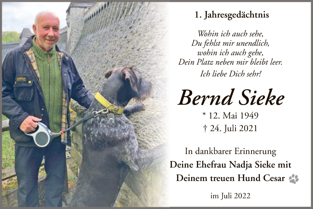  Traueranzeige für Bernd Sieke vom 23.07.2022 aus WLZ