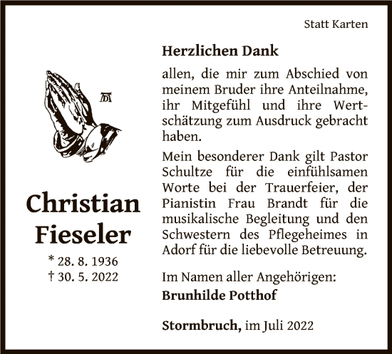 Traueranzeige von Christian Fieseler von WLZ