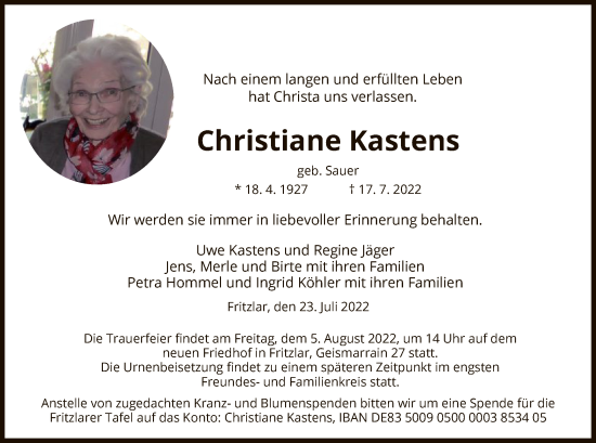 Traueranzeige von Christiane Kastens von HNA