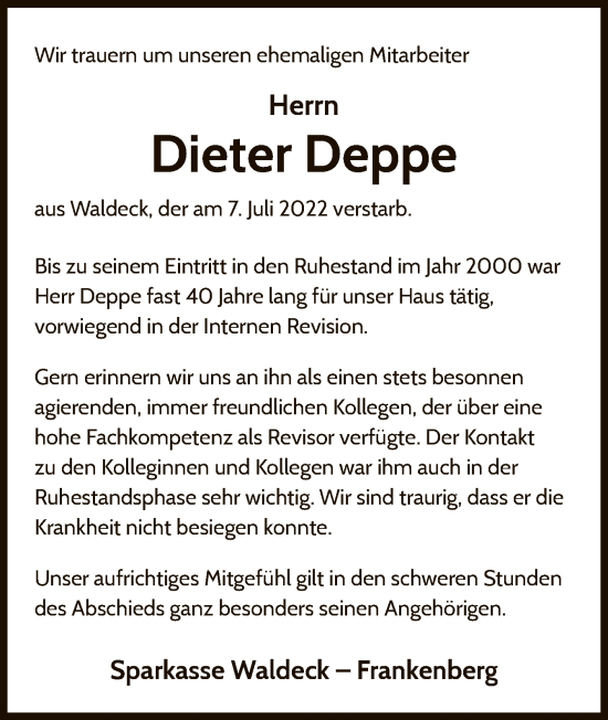 Traueranzeige von Dieter Deppe von WLZ