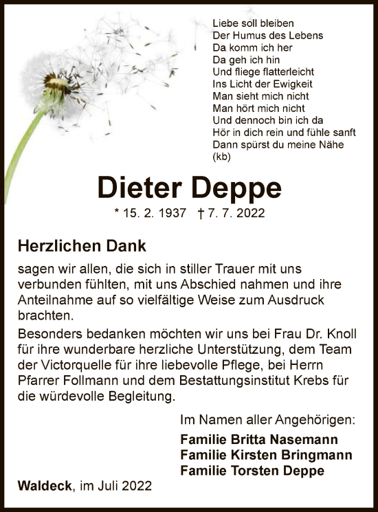 Traueranzeige von Dieter Deppe von WLZ