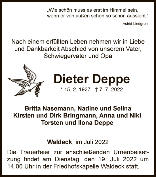 Traueranzeige von Dietrich Deppe von WLZ