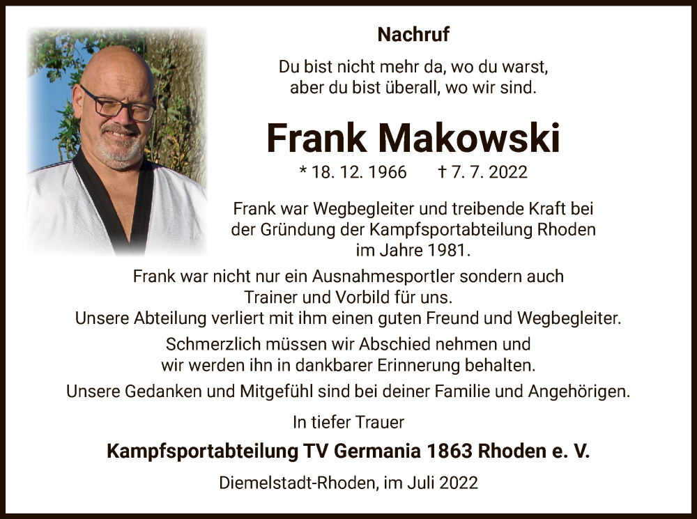  Traueranzeige für Frank Makowski vom 23.07.2022 aus WLZ