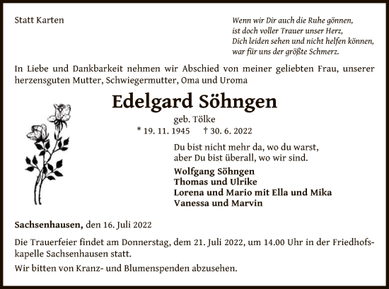 Traueranzeige von Edelgard Söhngen von WLZ