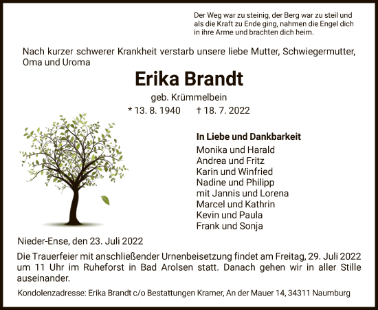 Traueranzeige von Erika Brandt von WLZ