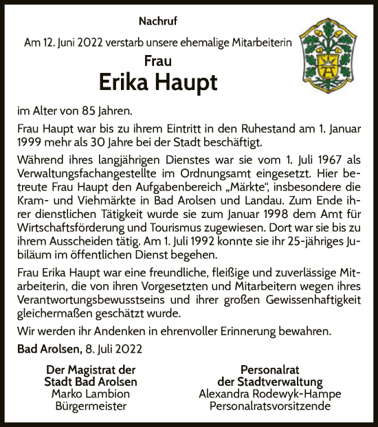 Traueranzeige von Erika Haupt von WLZ