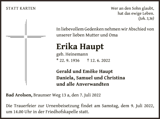 Traueranzeige von Erika Haupt von WLZ