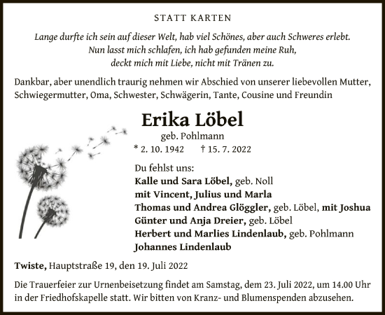 Traueranzeige von Erika Löbel von WLZ