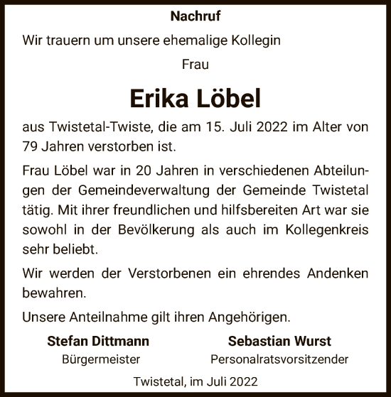 Traueranzeige von Erika Löbel von WLZ