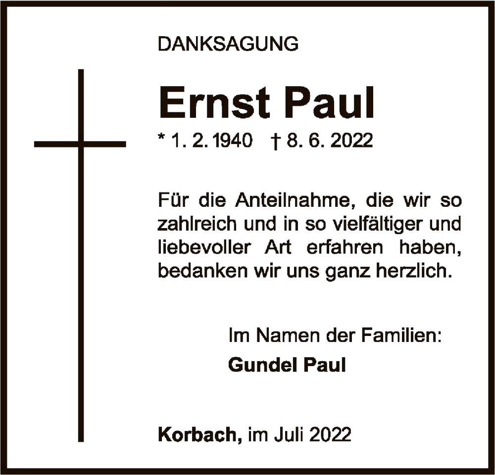  Traueranzeige für Ernst Paul vom 20.07.2022 aus WLZ